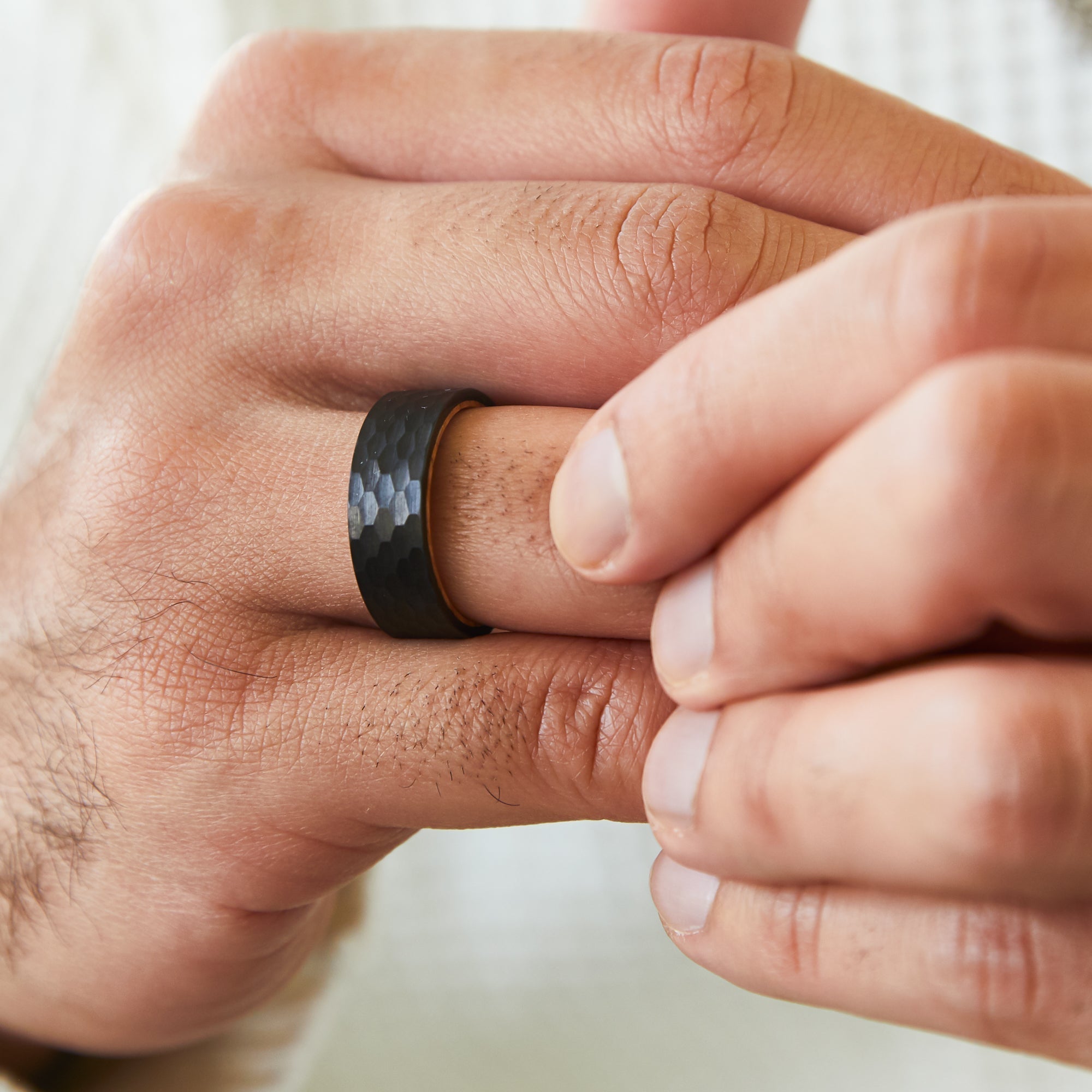 Hammered Black and Wood Men's Wedding Ring