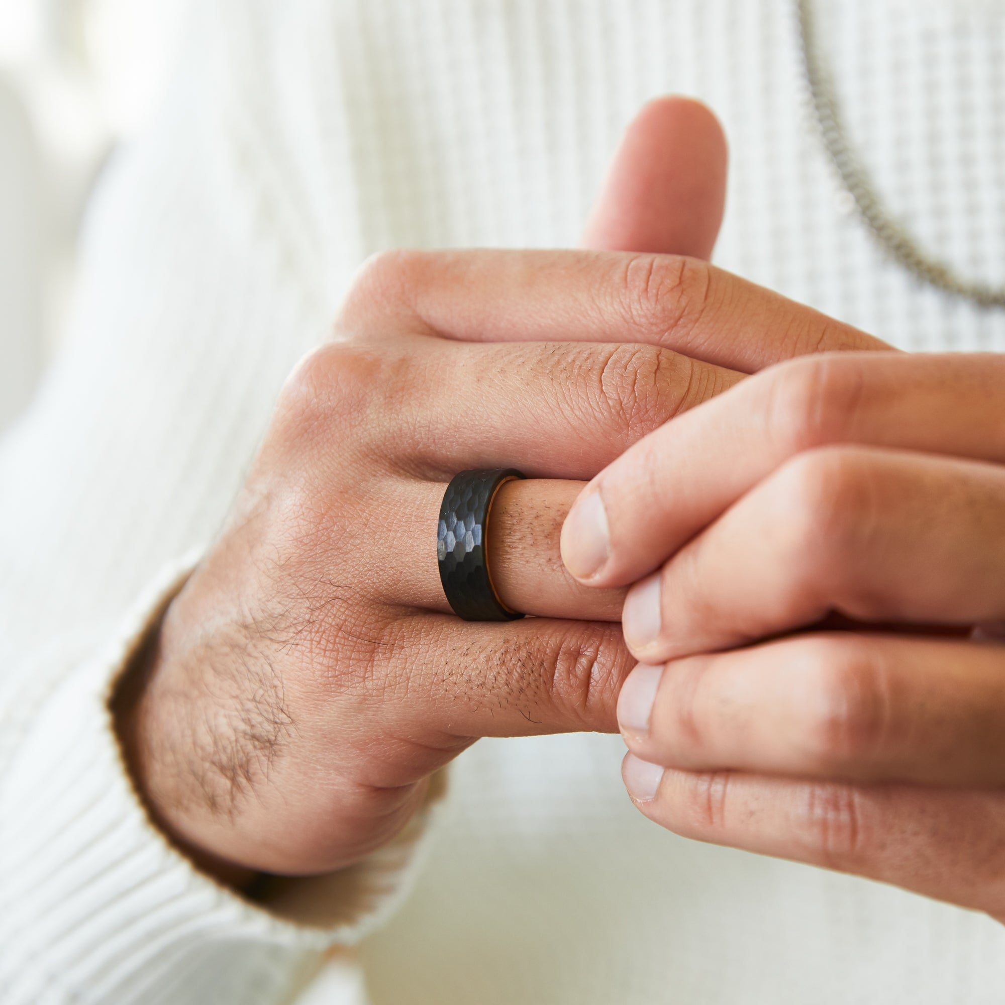 Hammered Black and Wood Men's Wedding Ring