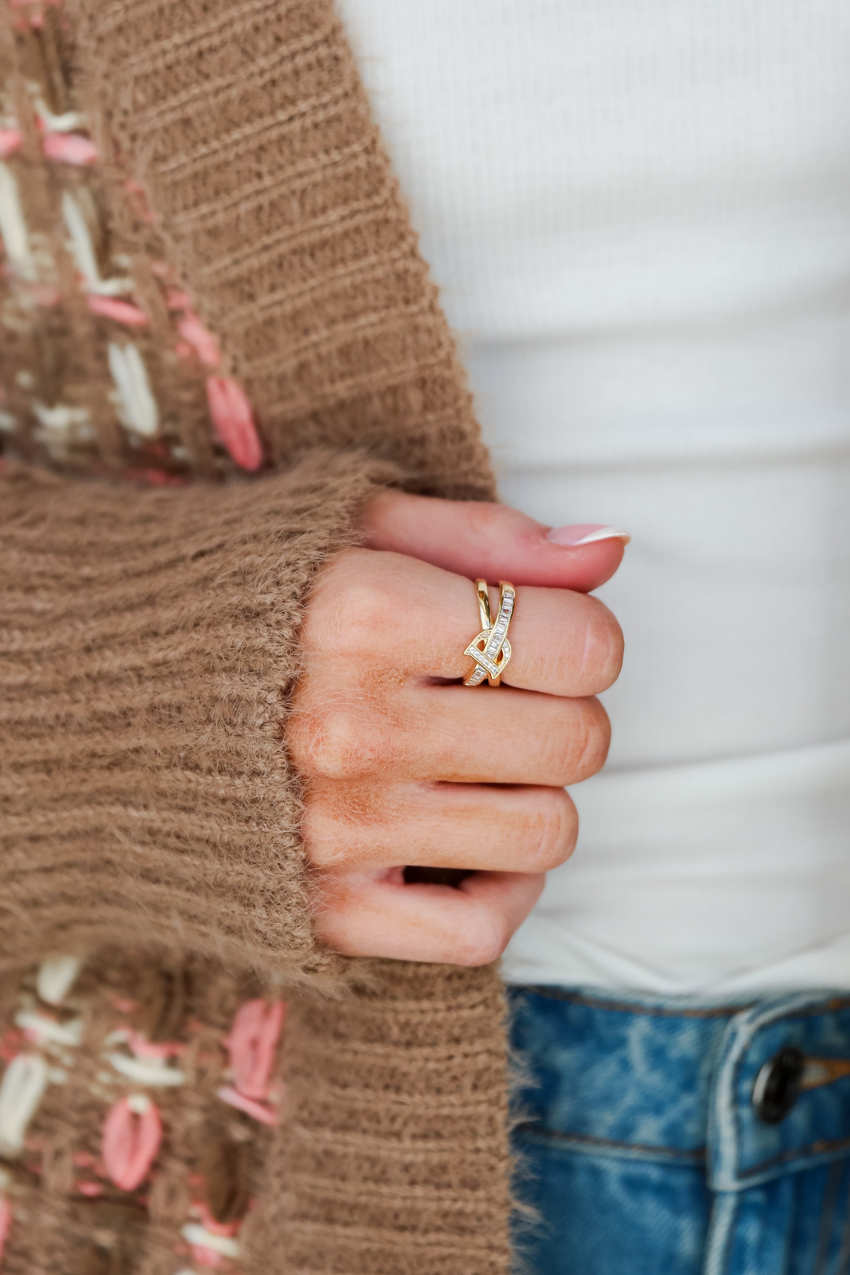 FINAL SALE - Dani Gold Rhinestone "D" Double Ring